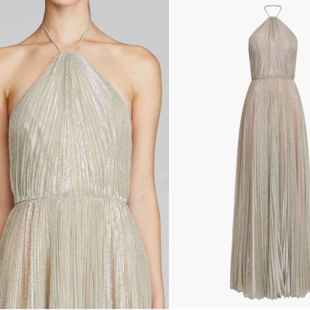 Halston Heritage Metallic Silver Pleated Halter Prom Gown